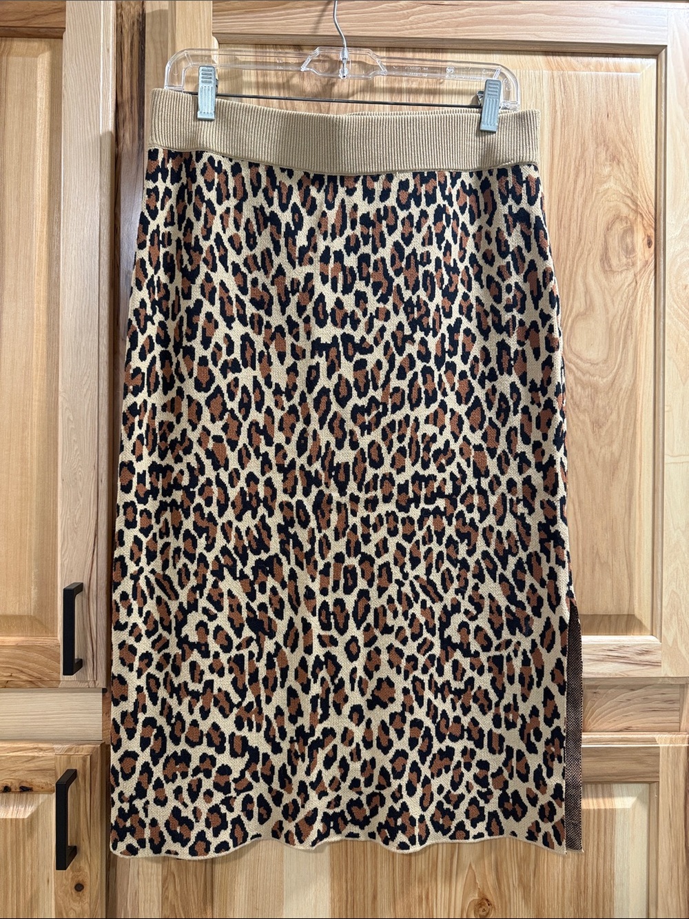 The Drop Sz L Leopard Print Knit Midi Pencil Skirt in Tan Brown Mobwife Feminine